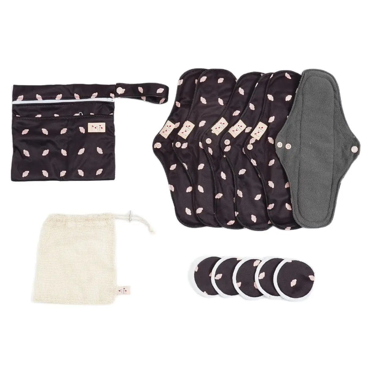 HappyFlute 6PCS/Set Bamboo Charcoal Inner Sanitary Pads With 2Pocket Wetbag+5Pcs Makeup Remove Pad&Mesh Bag Reusable Menstrual