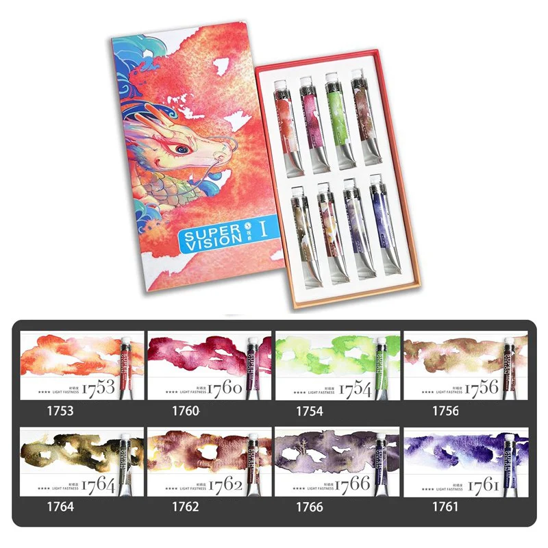 Super Vision Layered Mineral Watercolor Paint Tube 8ml 16 Colors Master Water Color for Artist Painting Art Suppliers