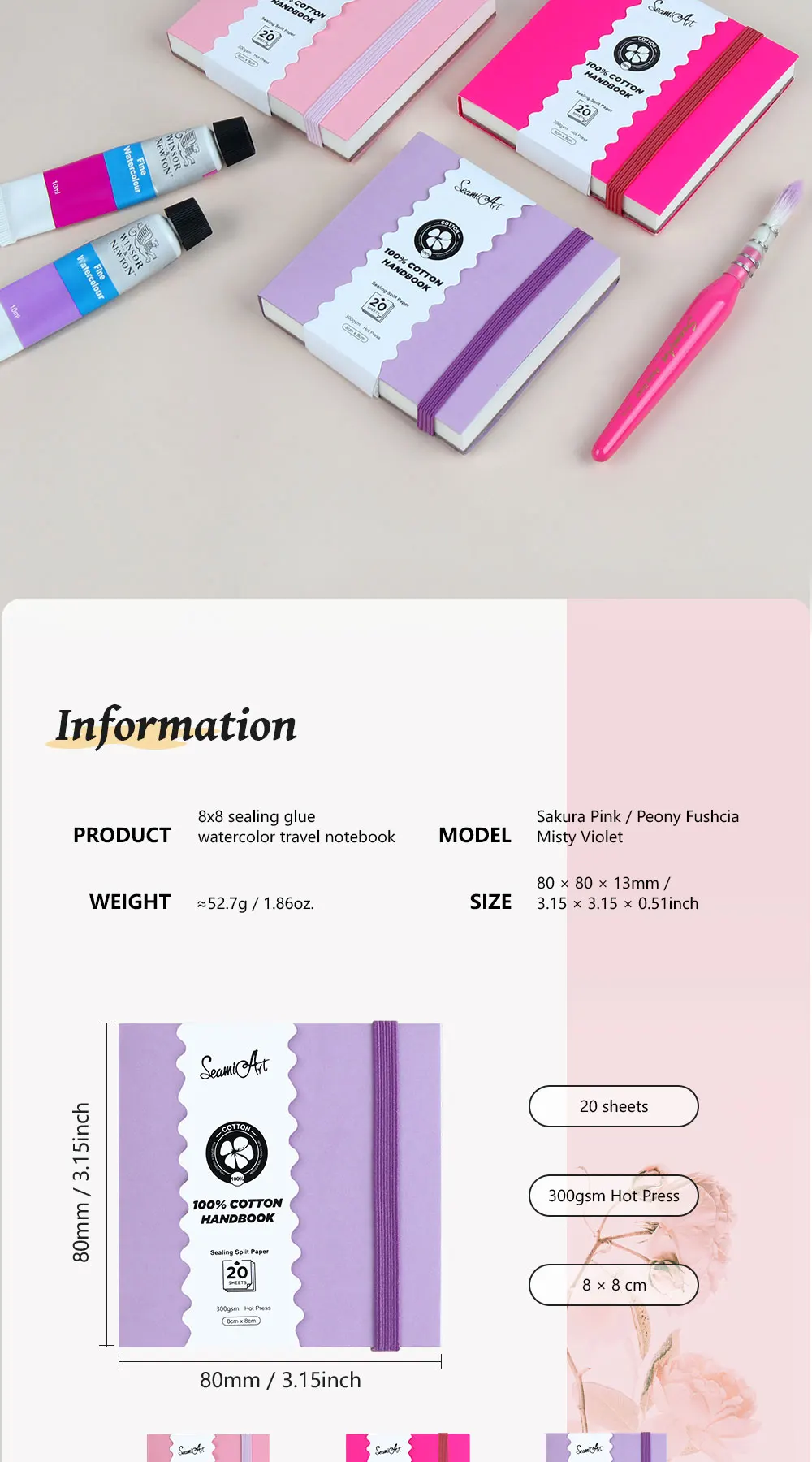 SeamiArt 8x8cm Mini Cotton Sealing Glue Watercolor Travel Notebook Hot Pressed 300gsm Drawing Paper 20 Sheets for Art Supplies