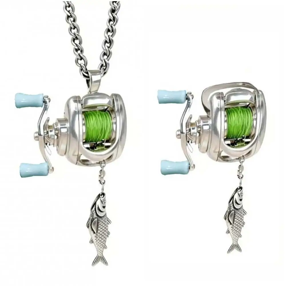 Exquisite Fishing Reel Ring Luxury Fishing Reel Necklace Detachable Pendant Rotatable Men Neck Pendant Neck Accessories