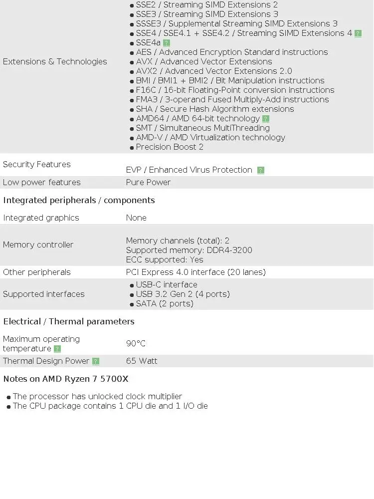 AMD Ryzen 7 5700X, AMD R7 5700X New 8C/16T 65W 7NM L3=32M 100-000000926 Socket AM4 But Without Cooler