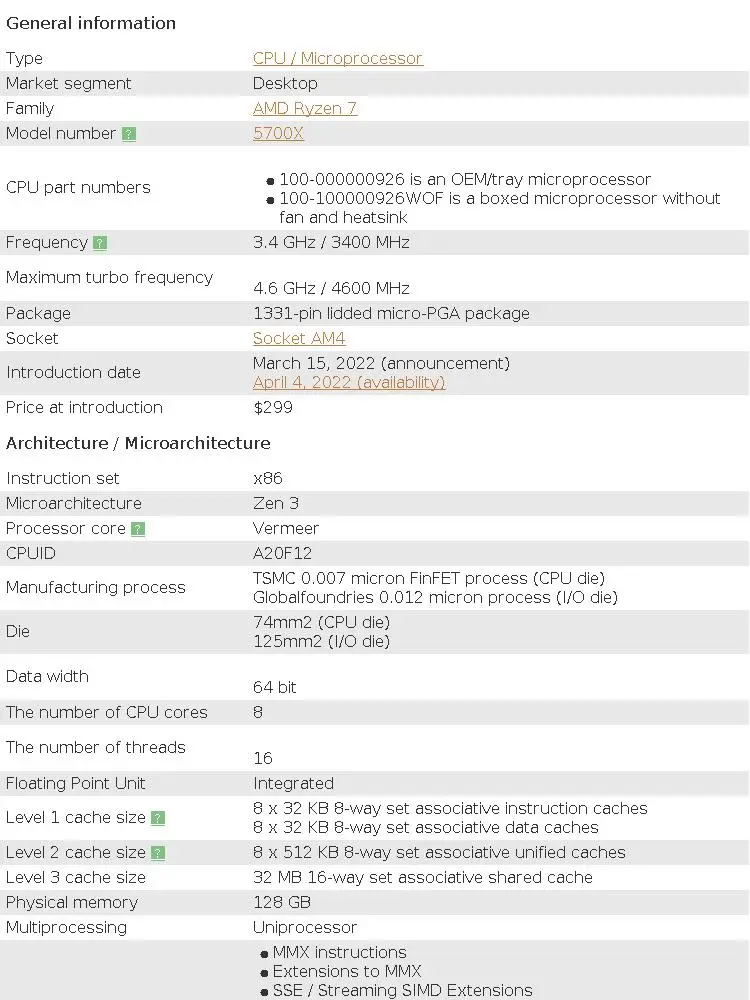 AMD Ryzen 7 5700X, AMD R7 5700X New 8C/16T 65W 7NM L3=32M 100-000000926 Socket AM4 But Without Cooler