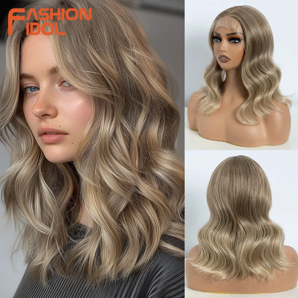 FASHION IDOL 14inch/35cm Short Bob Wig Body Wave Lace Wigs For Women Synthetic Cosplay Wigs Ombre Blonde Highligh Lace Front Wig
