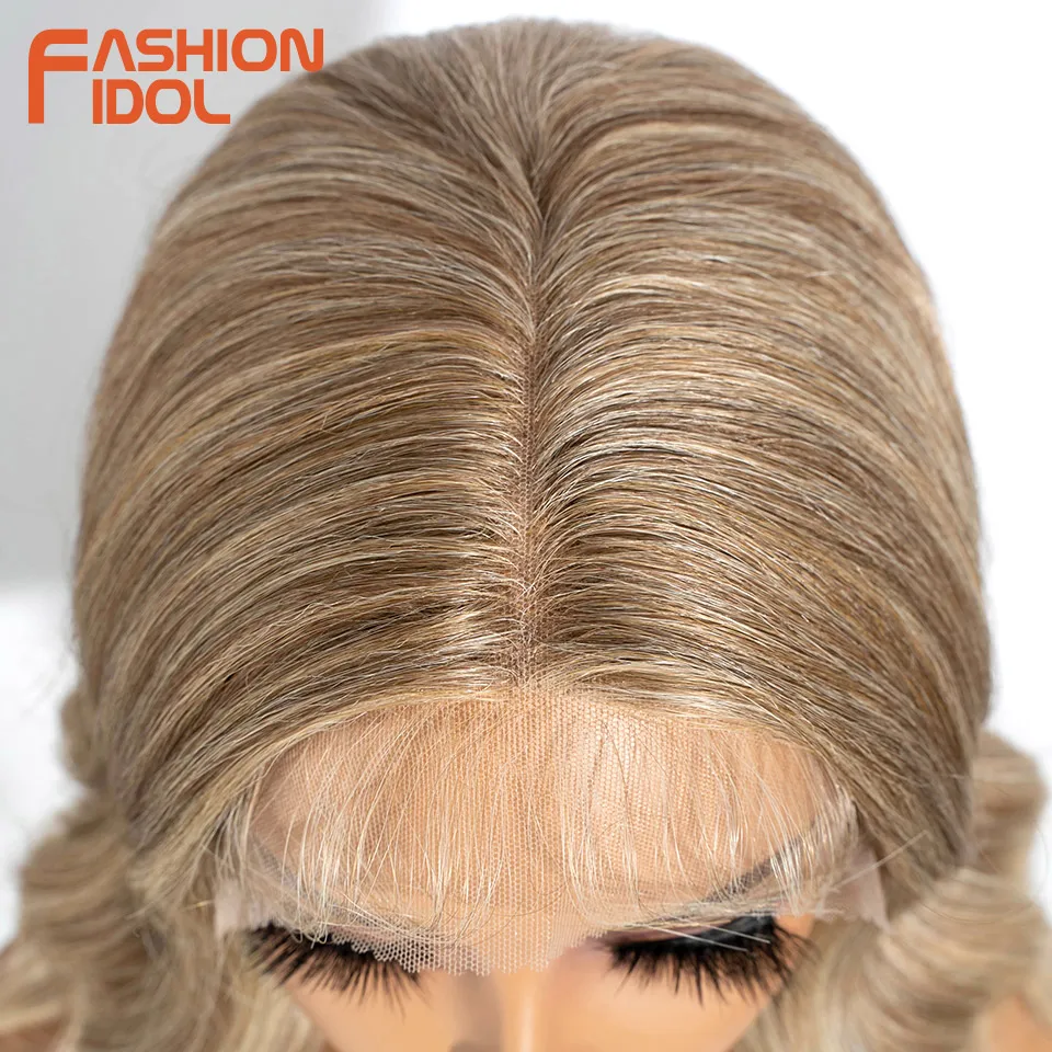 FASHION IDOL 14inch/35cm Short Bob Wig Body Wave Lace Wigs For Women Synthetic Cosplay Wigs Ombre Blonde Highligh Lace Front Wig