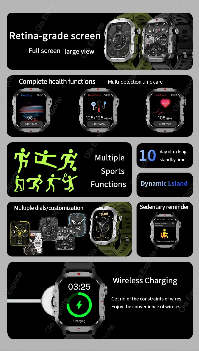 Rugged Military Smart Watch Men's Outdoor Watch LED Flashlight 2.01'' HD Touch Screen Voice Bluetooth Call Smartwatch Gifts HT30