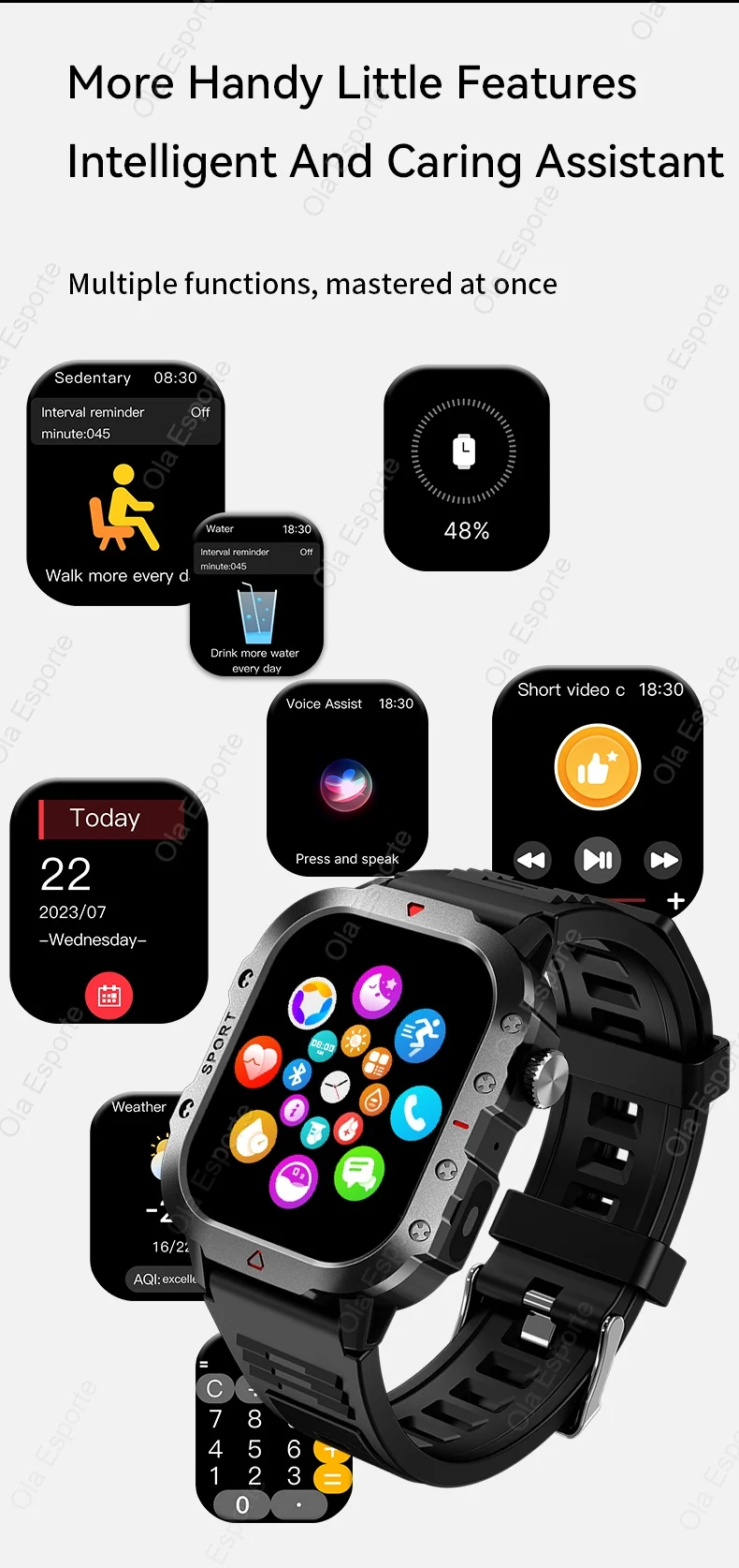 Rugged Military Smart Watch Men's Outdoor Watch LED Flashlight 2.01'' HD Touch Screen Voice Bluetooth Call Smartwatch Gifts HT30