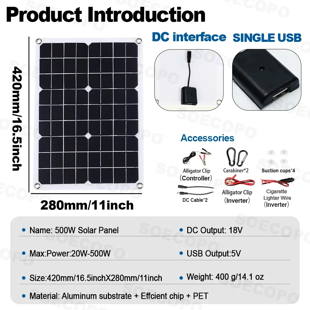 SOECOPO 10000W Solar System Kit, 500W Photovoltaic Solar Panel + 10000W Power Inverter + 100A Controller, DC 12V to AC 110V/220V, Complete with Cables, Clips & Suction Cups, Fast 2-8 Days US Delivery