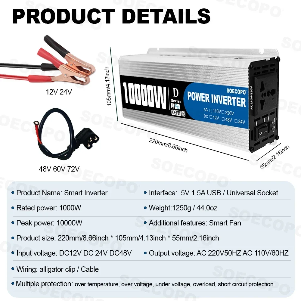 SOECOPO 10000W Solar System Kit, 500W Photovoltaic Solar Panel + 10000W Power Inverter + 100A Controller, DC 12V to AC 110V/220V, Complete with Cables, Clips & Suction Cups, Fast 2-8 Days US Delivery