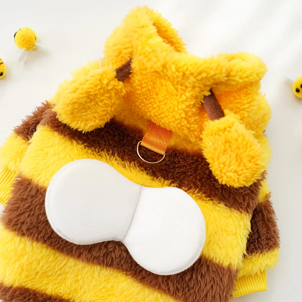 Cute Dinosaur Bee Pet Costume 4 Legs Jumpsuit for Small Dogs Cats, Soft Plush Warm Cosplay Outfit Winter Clothes