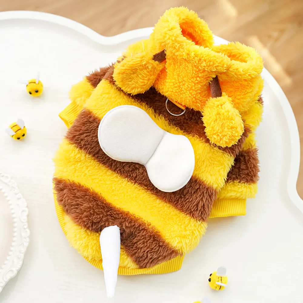Cute Dinosaur Bee Pet Costume 4 Legs Jumpsuit for Small Dogs Cats, Soft Plush Warm Cosplay Outfit Winter Clothes