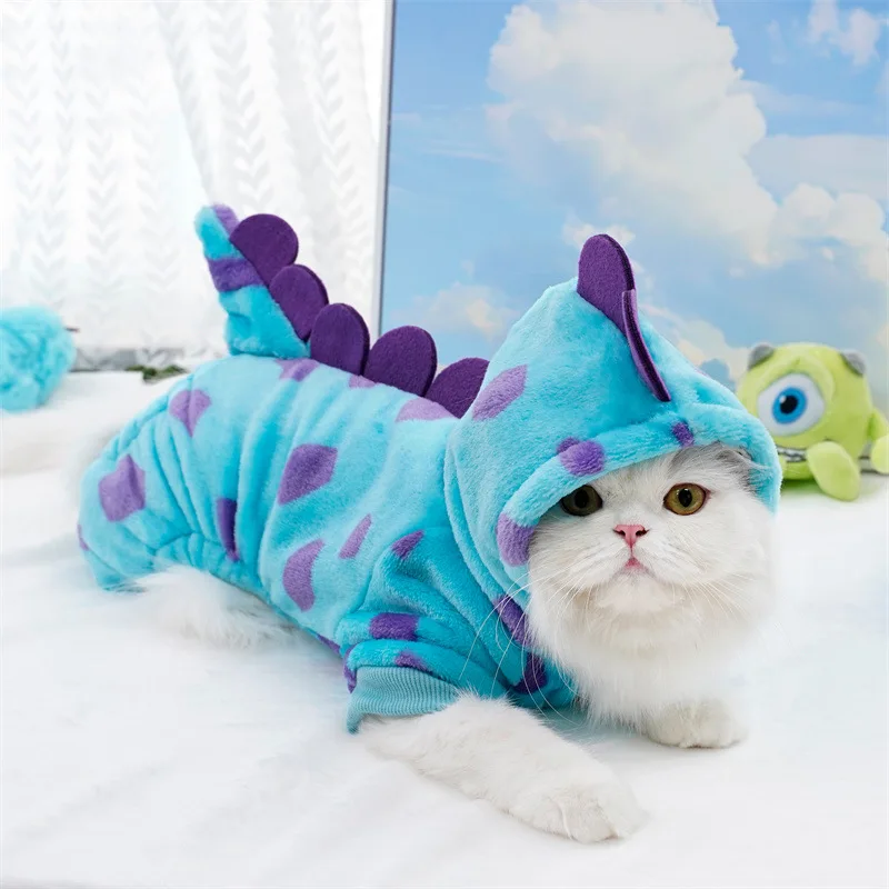 Cute Dinosaur Bee Pet Costume 4 Legs Jumpsuit for Small Dogs Cats, Soft Plush Warm Cosplay Outfit Winter Clothes