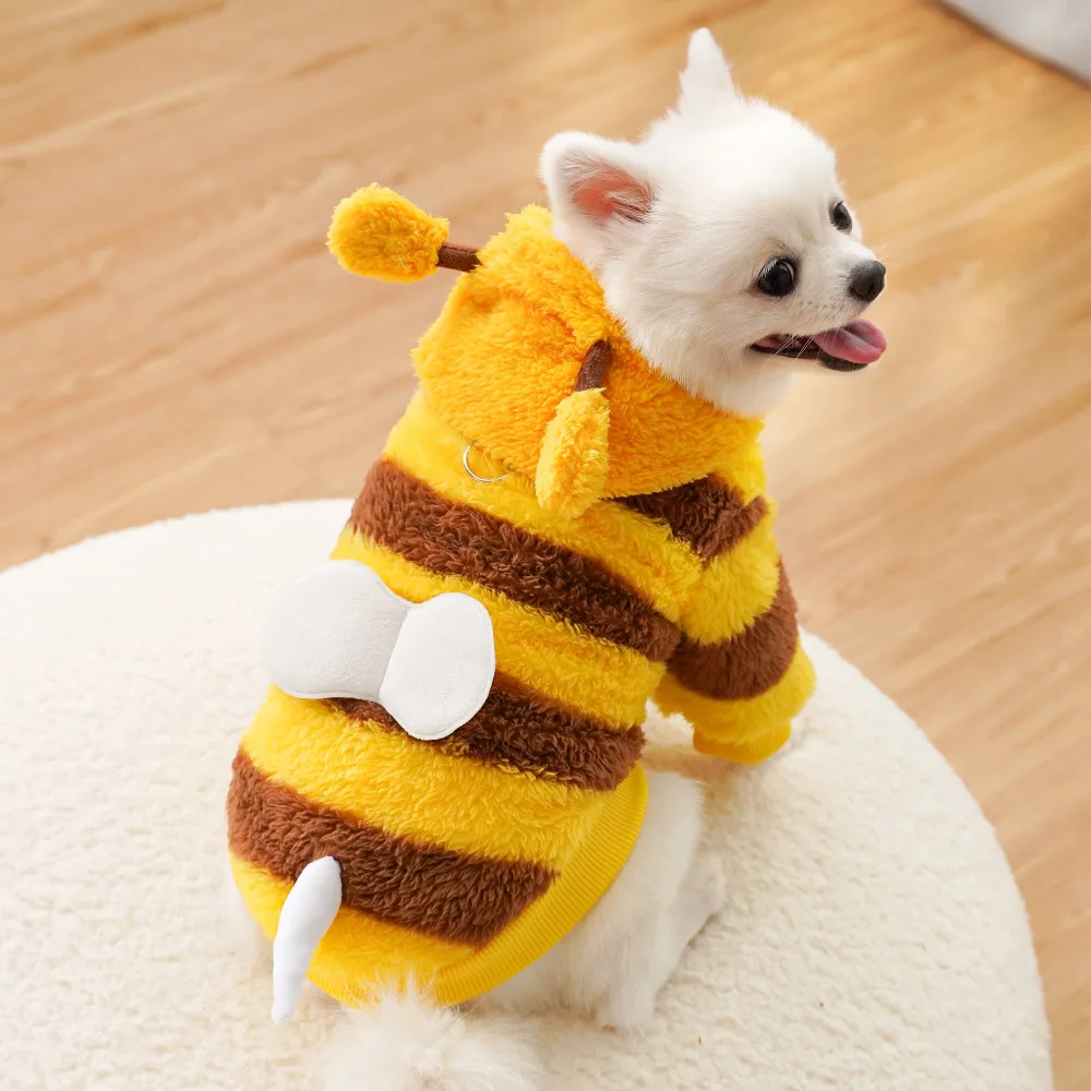 Cute Dinosaur Bee Pet Costume 4 Legs Jumpsuit for Small Dogs Cats, Soft Plush Warm Cosplay Outfit Winter Clothes