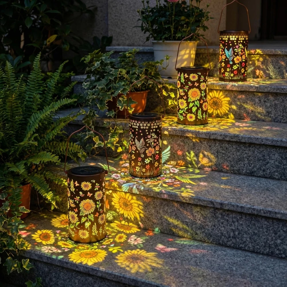 Colorful Solar Lanterns Sunflower Butterfly Hummingbird Outdoor Waterproof Multicolored LED Metal Hanging Lantern for Outside