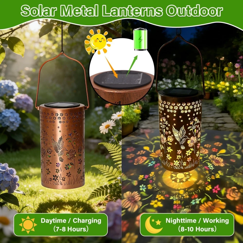 Colorful Solar Lanterns Sunflower Butterfly Hummingbird Outdoor Waterproof Multicolored LED Metal Hanging Lantern for Outside