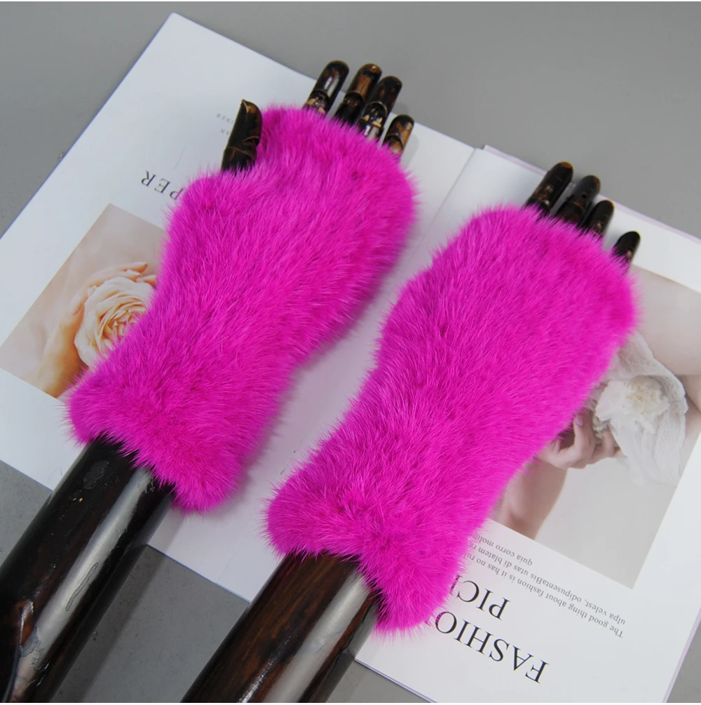 New Style Women Winter Real Mink Fur Gloves 100% Natural Warm Mink Fur Fingerless Gloves Girls Knitted Genuine Mink Fur Mittens