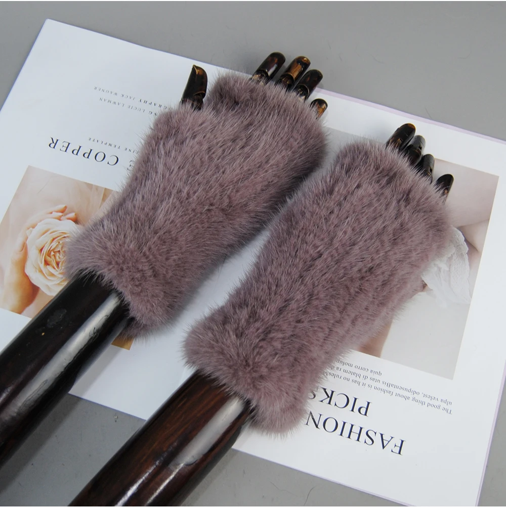 New Style Women Winter Real Mink Fur Gloves 100% Natural Warm Mink Fur Fingerless Gloves Girls Knitted Genuine Mink Fur Mittens