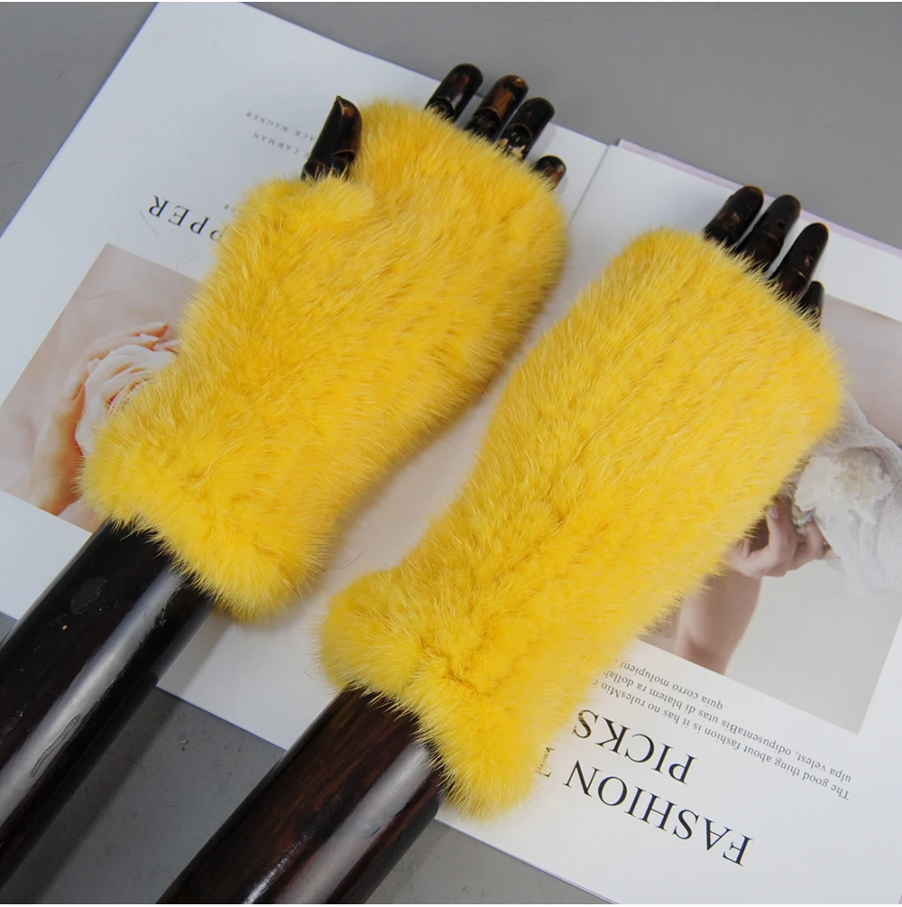 New Style Women Winter Real Mink Fur Gloves 100% Natural Warm Mink Fur Fingerless Gloves Girls Knitted Genuine Mink Fur Mittens