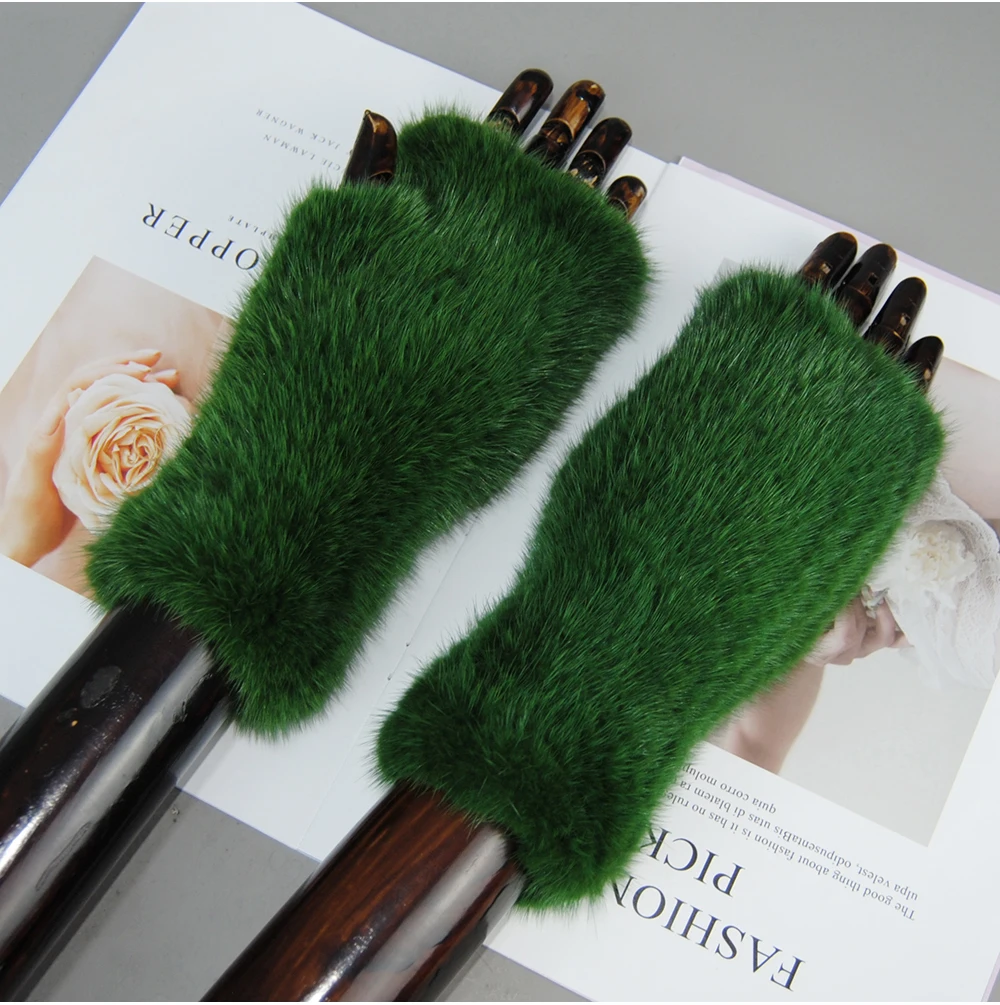 New Style Women Winter Real Mink Fur Gloves 100% Natural Warm Mink Fur Fingerless Gloves Girls Knitted Genuine Mink Fur Mittens