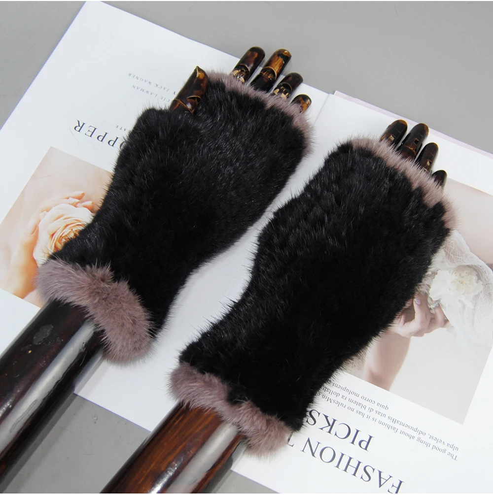 New Style Women Winter Real Mink Fur Gloves 100% Natural Warm Mink Fur Fingerless Gloves Girls Knitted Genuine Mink Fur Mittens