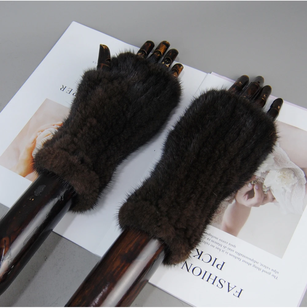 New Style Women Winter Real Mink Fur Gloves 100% Natural Warm Mink Fur Fingerless Gloves Girls Knitted Genuine Mink Fur Mittens