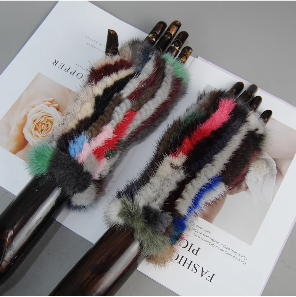 New Style Women Winter Real Mink Fur Gloves 100% Natural Warm Mink Fur Fingerless Gloves Girls Knitted Genuine Mink Fur Mittens
