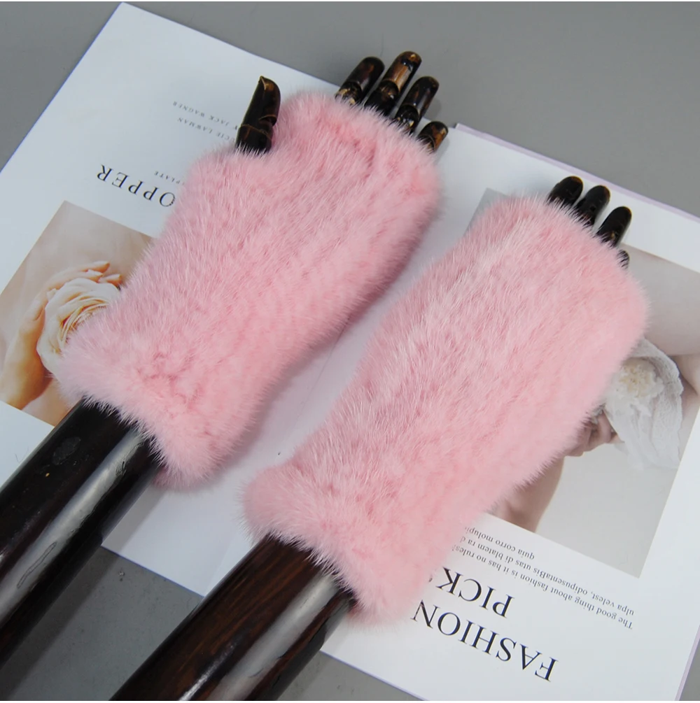 New Style Women Winter Real Mink Fur Gloves 100% Natural Warm Mink Fur Fingerless Gloves Girls Knitted Genuine Mink Fur Mittens