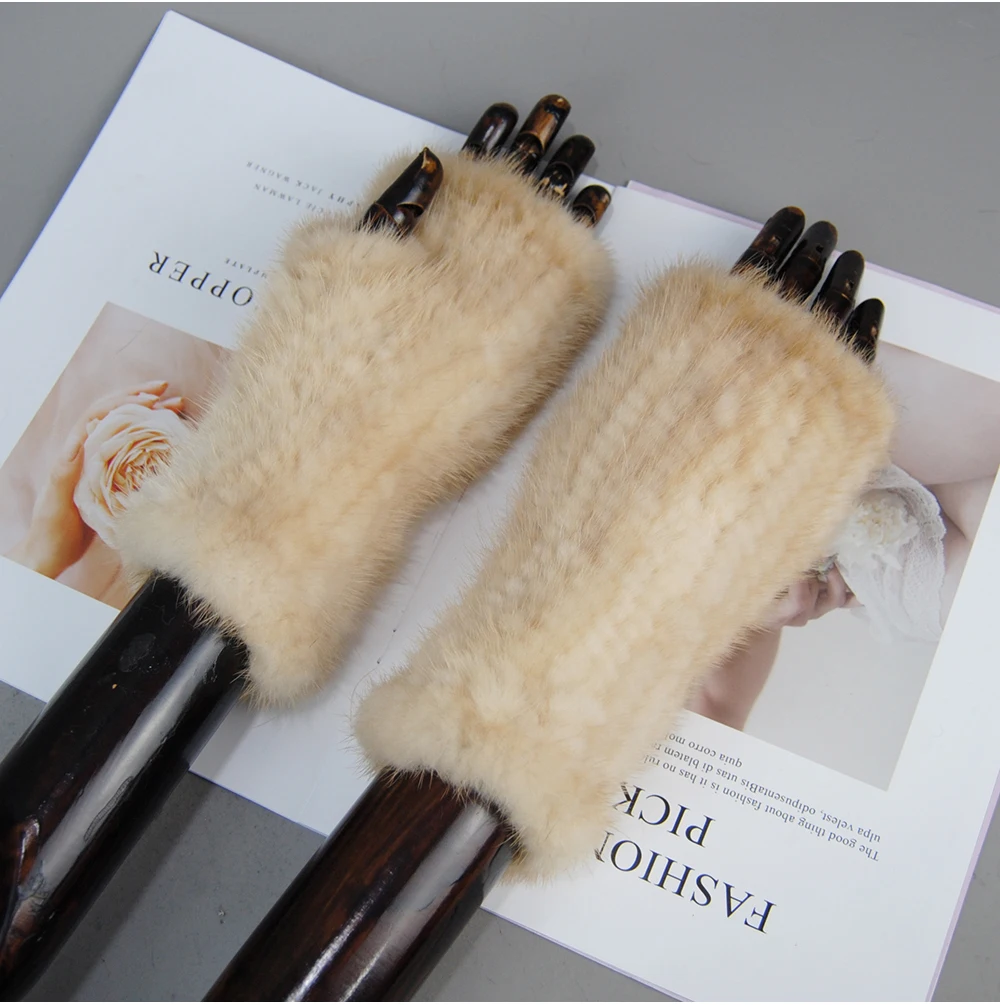 New Style Women Winter Real Mink Fur Gloves 100% Natural Warm Mink Fur Fingerless Gloves Girls Knitted Genuine Mink Fur Mittens