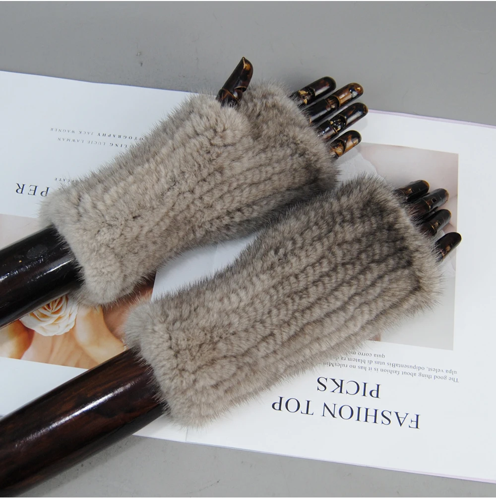 New Style Women Winter Real Mink Fur Gloves 100% Natural Warm Mink Fur Fingerless Gloves Girls Knitted Genuine Mink Fur Mittens