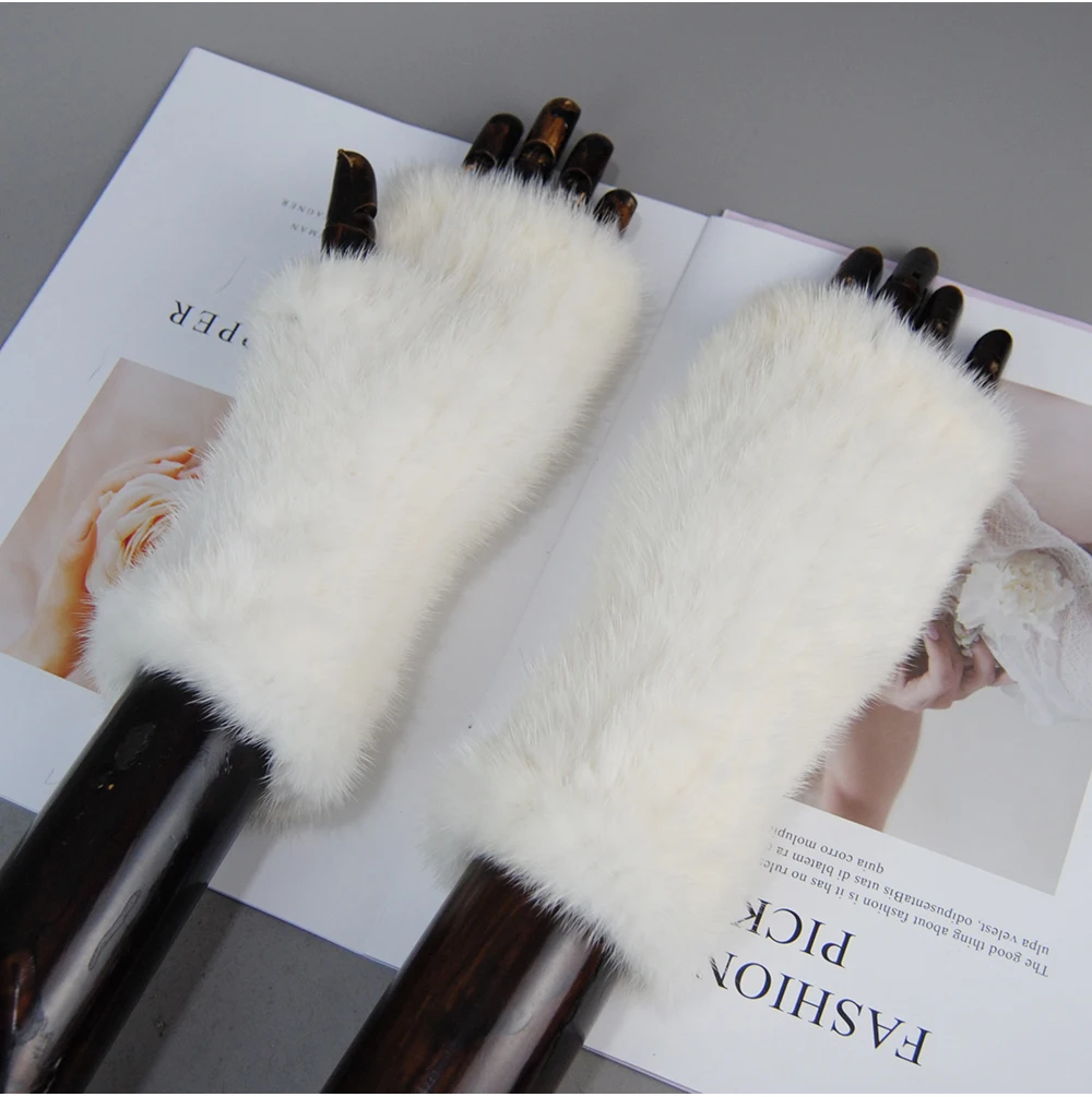 New Style Women Winter Real Mink Fur Gloves 100% Natural Warm Mink Fur Fingerless Gloves Girls Knitted Genuine Mink Fur Mittens