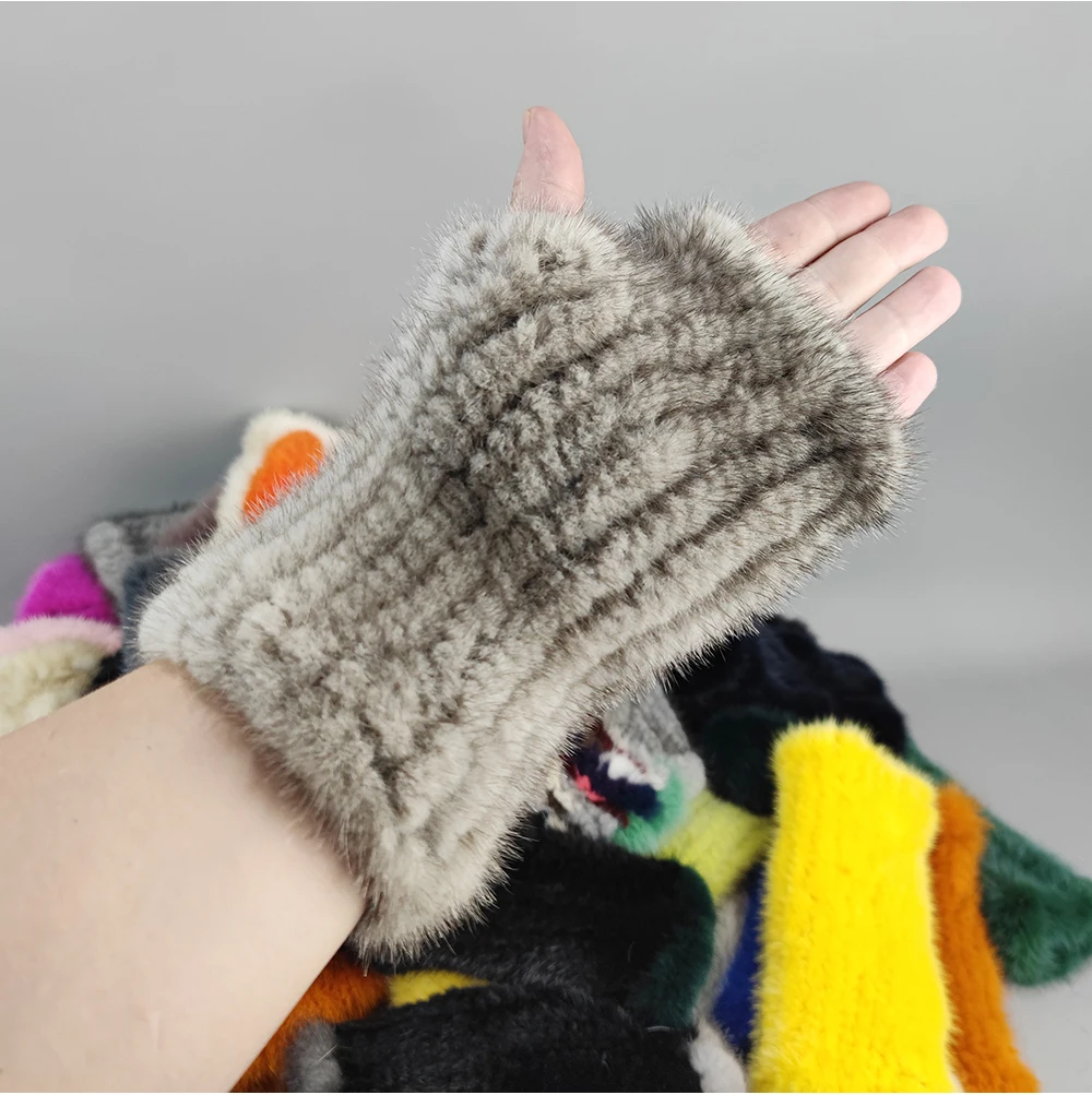 New Style Women Winter Real Mink Fur Gloves 100% Natural Warm Mink Fur Fingerless Gloves Girls Knitted Genuine Mink Fur Mittens