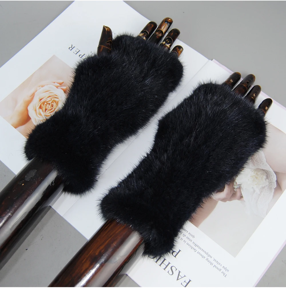 New Style Women Winter Real Mink Fur Gloves 100% Natural Warm Mink Fur Fingerless Gloves Girls Knitted Genuine Mink Fur Mittens