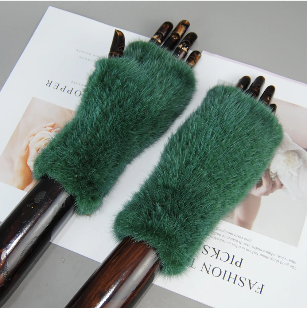New Style Women Winter Real Mink Fur Gloves 100% Natural Warm Mink Fur Fingerless Gloves Girls Knitted Genuine Mink Fur Mittens