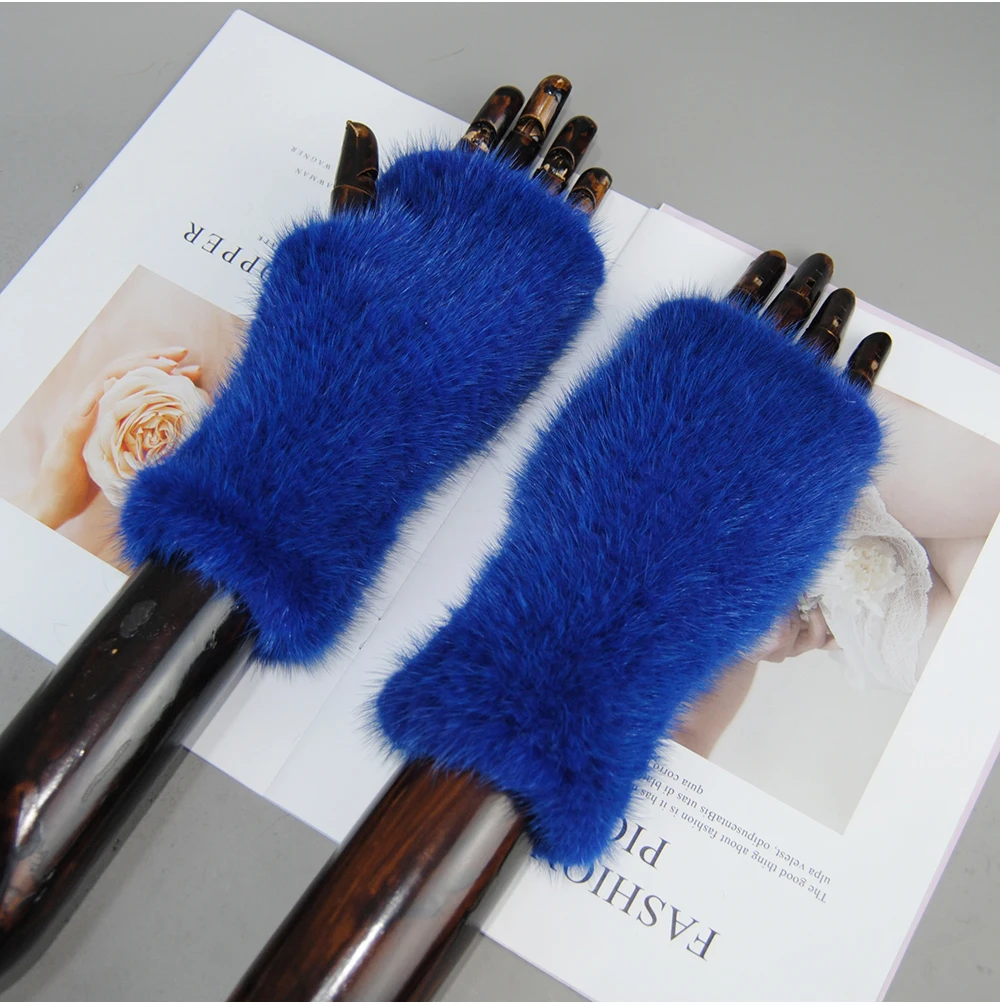 New Style Women Winter Real Mink Fur Gloves 100% Natural Warm Mink Fur Fingerless Gloves Girls Knitted Genuine Mink Fur Mittens