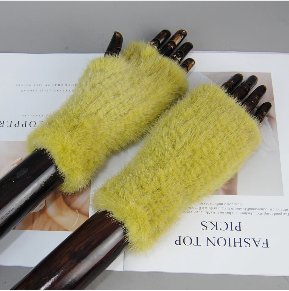 New Style Women Winter Real Mink Fur Gloves 100% Natural Warm Mink Fur Fingerless Gloves Girls Knitted Genuine Mink Fur Mittens