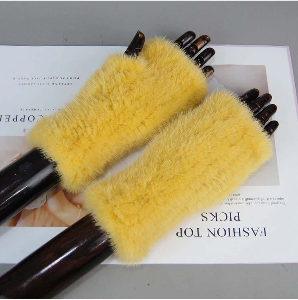 New Style Women Winter Real Mink Fur Gloves 100% Natural Warm Mink Fur Fingerless Gloves Girls Knitted Genuine Mink Fur Mittens