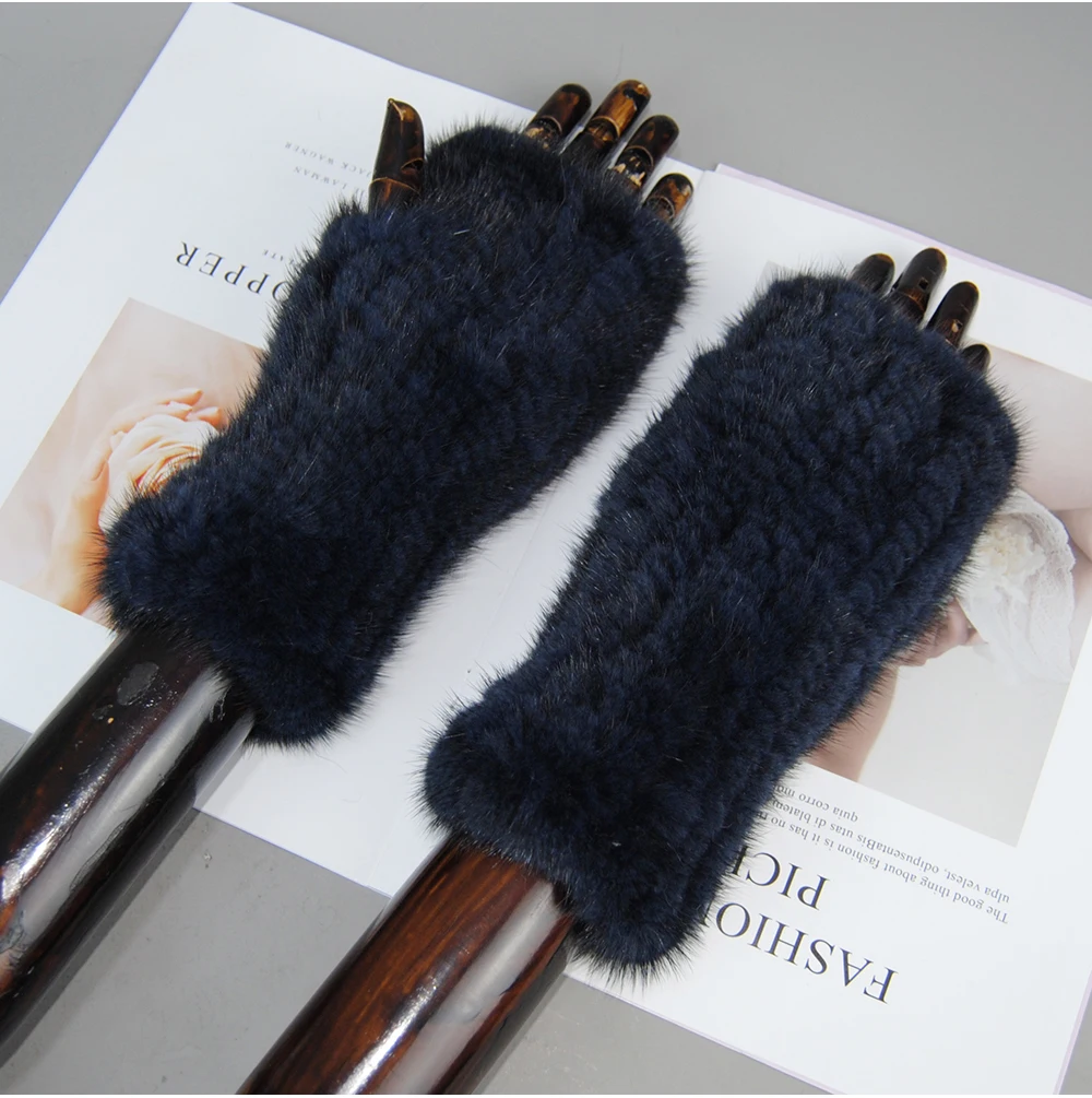 New Style Women Winter Real Mink Fur Gloves 100% Natural Warm Mink Fur Fingerless Gloves Girls Knitted Genuine Mink Fur Mittens