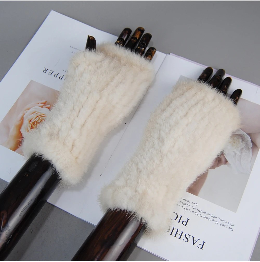 New Style Women Winter Real Mink Fur Gloves 100% Natural Warm Mink Fur Fingerless Gloves Girls Knitted Genuine Mink Fur Mittens