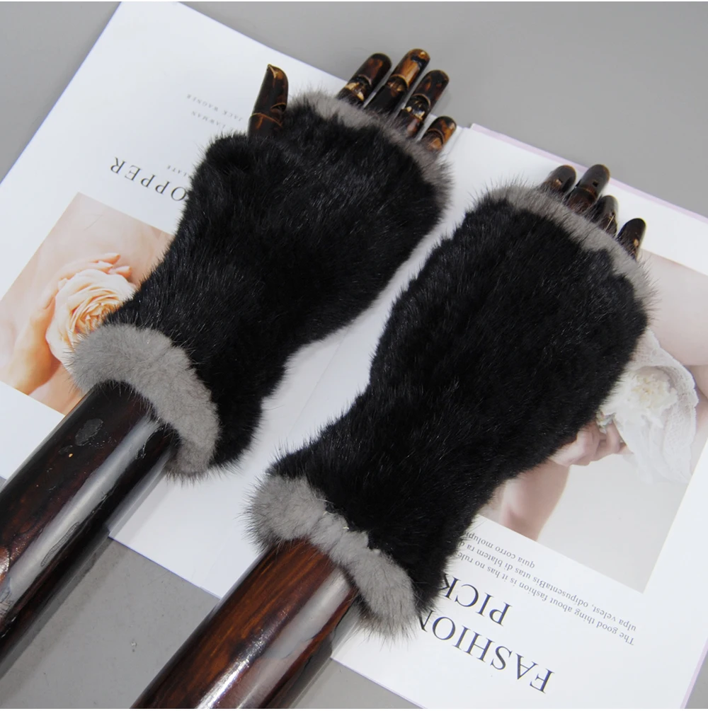 New Style Women Winter Real Mink Fur Gloves 100% Natural Warm Mink Fur Fingerless Gloves Girls Knitted Genuine Mink Fur Mittens