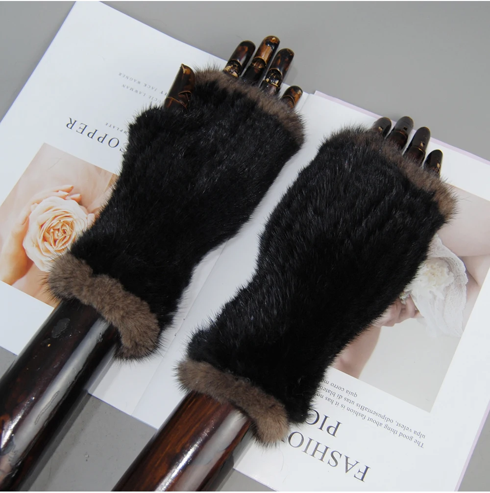 New Style Women Winter Real Mink Fur Gloves 100% Natural Warm Mink Fur Fingerless Gloves Girls Knitted Genuine Mink Fur Mittens