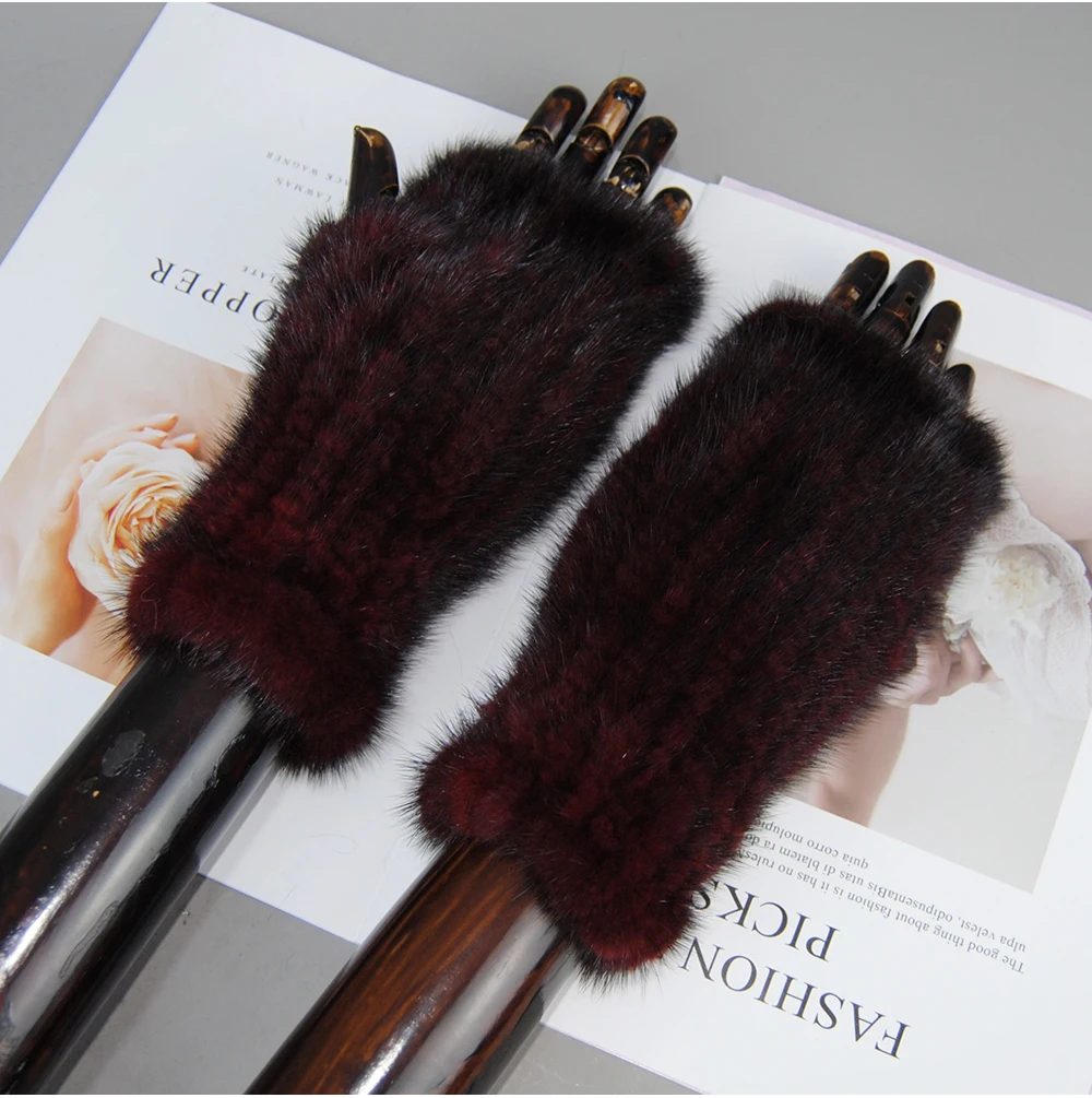 New Style Women Winter Real Mink Fur Gloves 100% Natural Warm Mink Fur Fingerless Gloves Girls Knitted Genuine Mink Fur Mittens