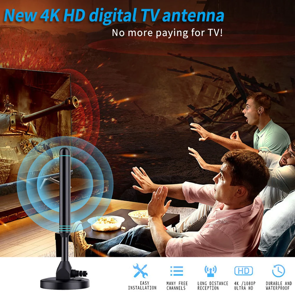 4K/1080P HD Digital TV Antenna with Signal Amplifier 480+ Miles Indoor Outdoor Antenna Magnetic Base VHF UHF Digital HD Aerial