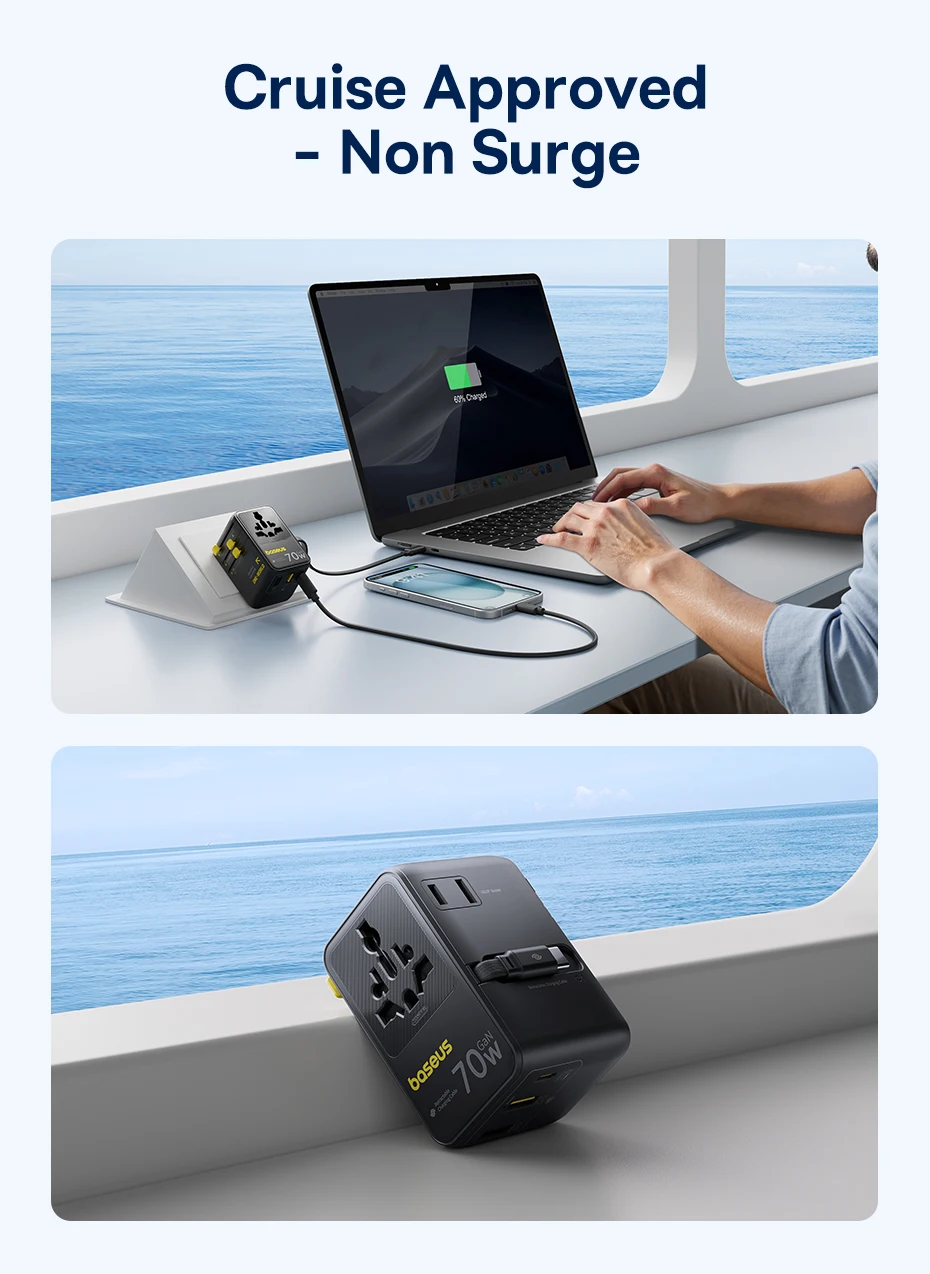 Baseus GaN Charger Universal Travel Adapter Built in 70W Retractable Cable 2AC 2 USB-A Type-C Fast Charging EU/UK/USA/AUS