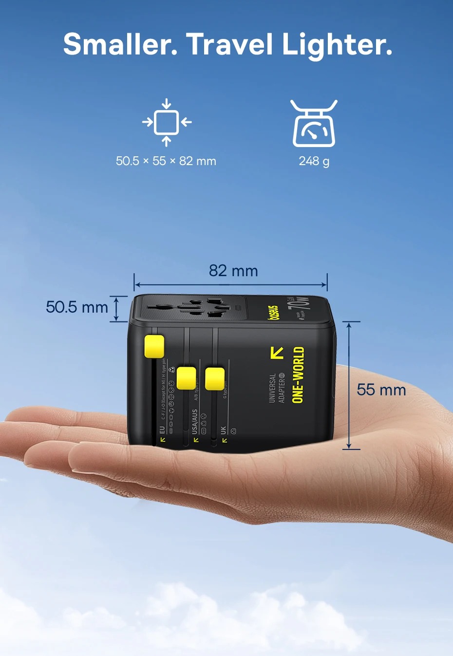Baseus GaN Charger Universal Travel Adapter Built in 70W Retractable Cable 2AC 2 USB-A Type-C Fast Charging EU/UK/USA/AUS