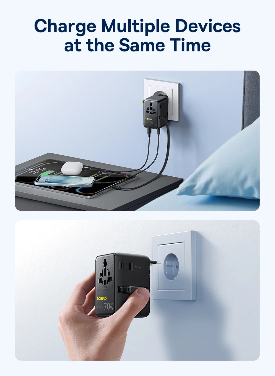 Baseus GaN Charger Universal Travel Adapter Built in 70W Retractable Cable 2AC 2 USB-A Type-C Fast Charging EU/UK/USA/AUS