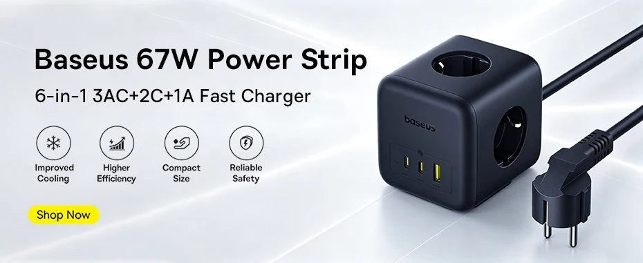 Baseus GaN Charger Universal Travel Adapter Built in 70W Retractable Cable 2AC 2 USB-A Type-C Fast Charging EU/UK/USA/AUS