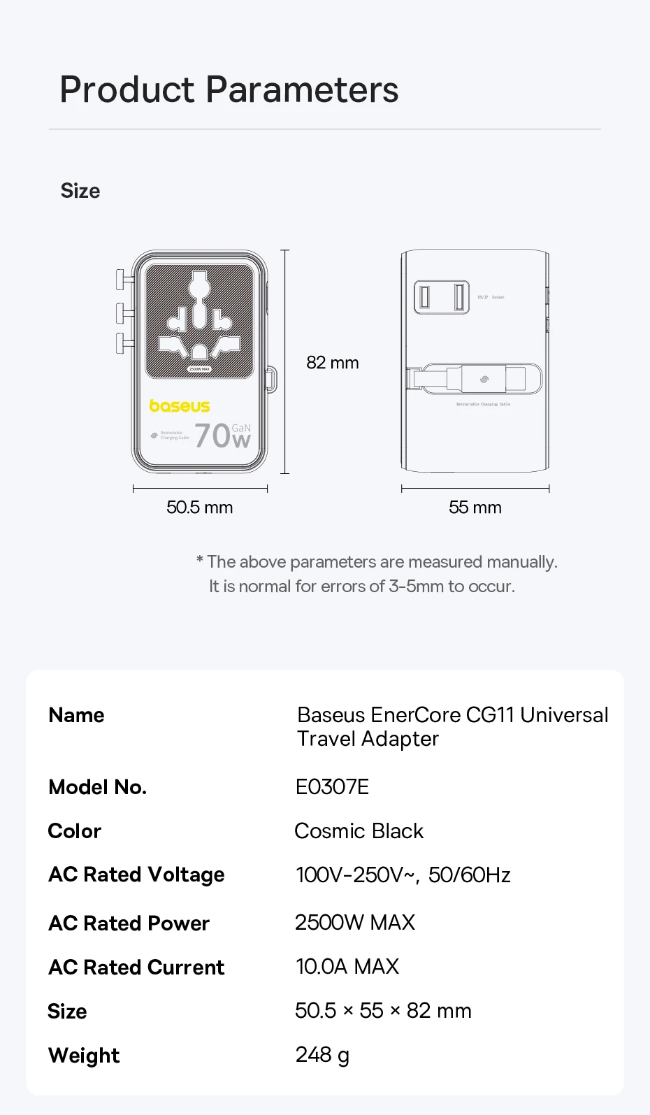 Baseus GaN Charger Universal Travel Adapter Built in 70W Retractable Cable 2AC 2 USB-A Type-C Fast Charging EU/UK/USA/AUS