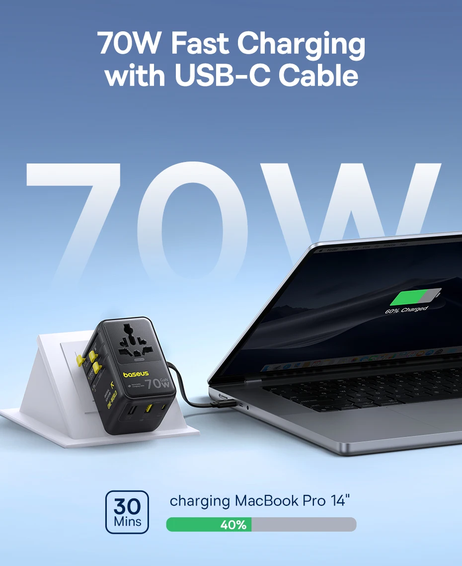 Baseus GaN Charger Universal Travel Adapter Built in 70W Retractable Cable 2AC 2 USB-A Type-C Fast Charging EU/UK/USA/AUS