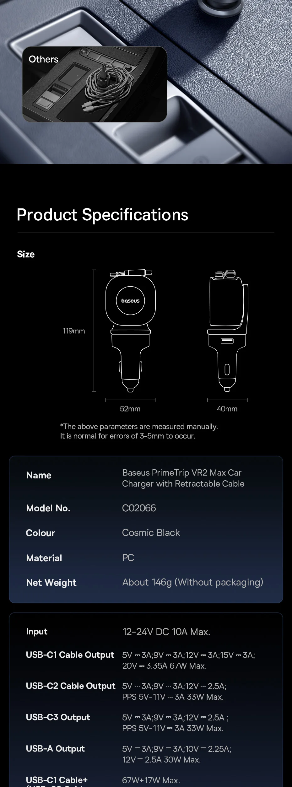 Baseus 100W Car Charger PD QC Fast Charging Dual Type-C Retractable Cable 4 ports 450°Rotation For Laptop Tablet iPhone Samsung