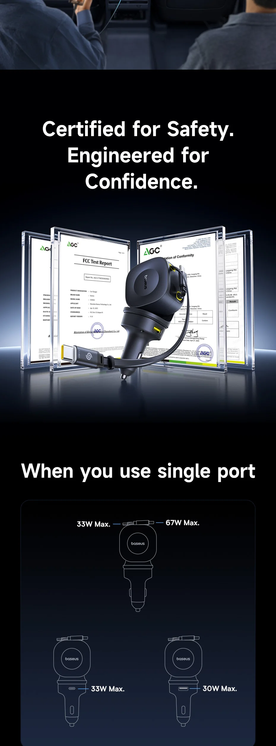 Baseus 100W Car Charger PD QC Fast Charging Dual Type-C Retractable Cable 4 ports 450°Rotation For Laptop Tablet iPhone Samsung