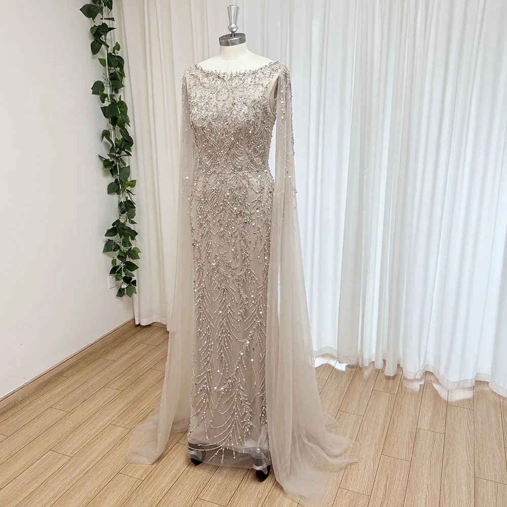 Eshaut&bridal Luxury Mermaid Evening Dress with Cape Sleeves for Women Elegant Beaded Formal Prom Wedding Party Gowns Customized